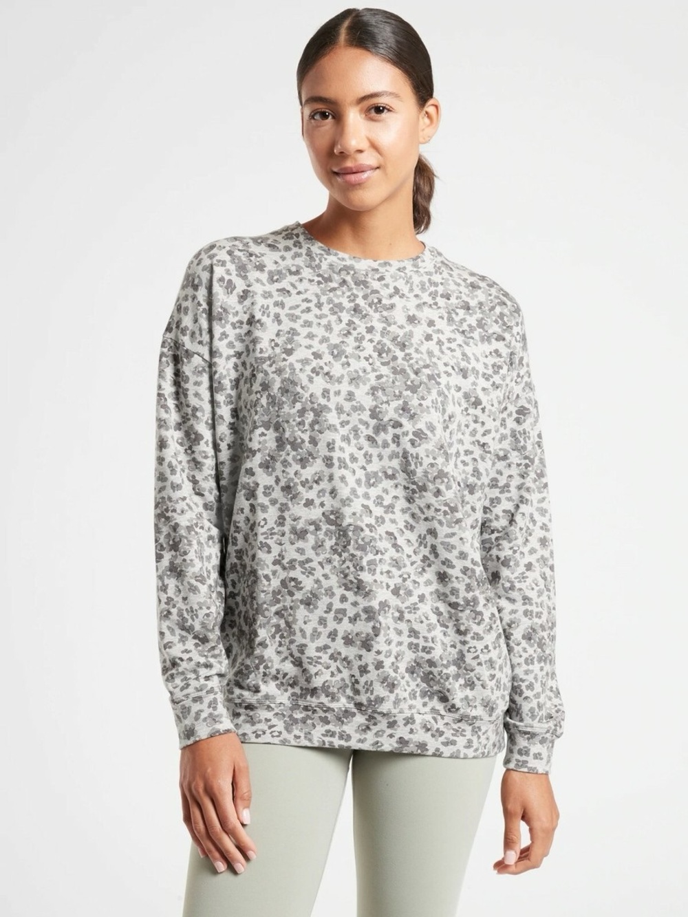 Athleta Studio to Street Sweatshirt Heather Grey Leopard Splatter Small